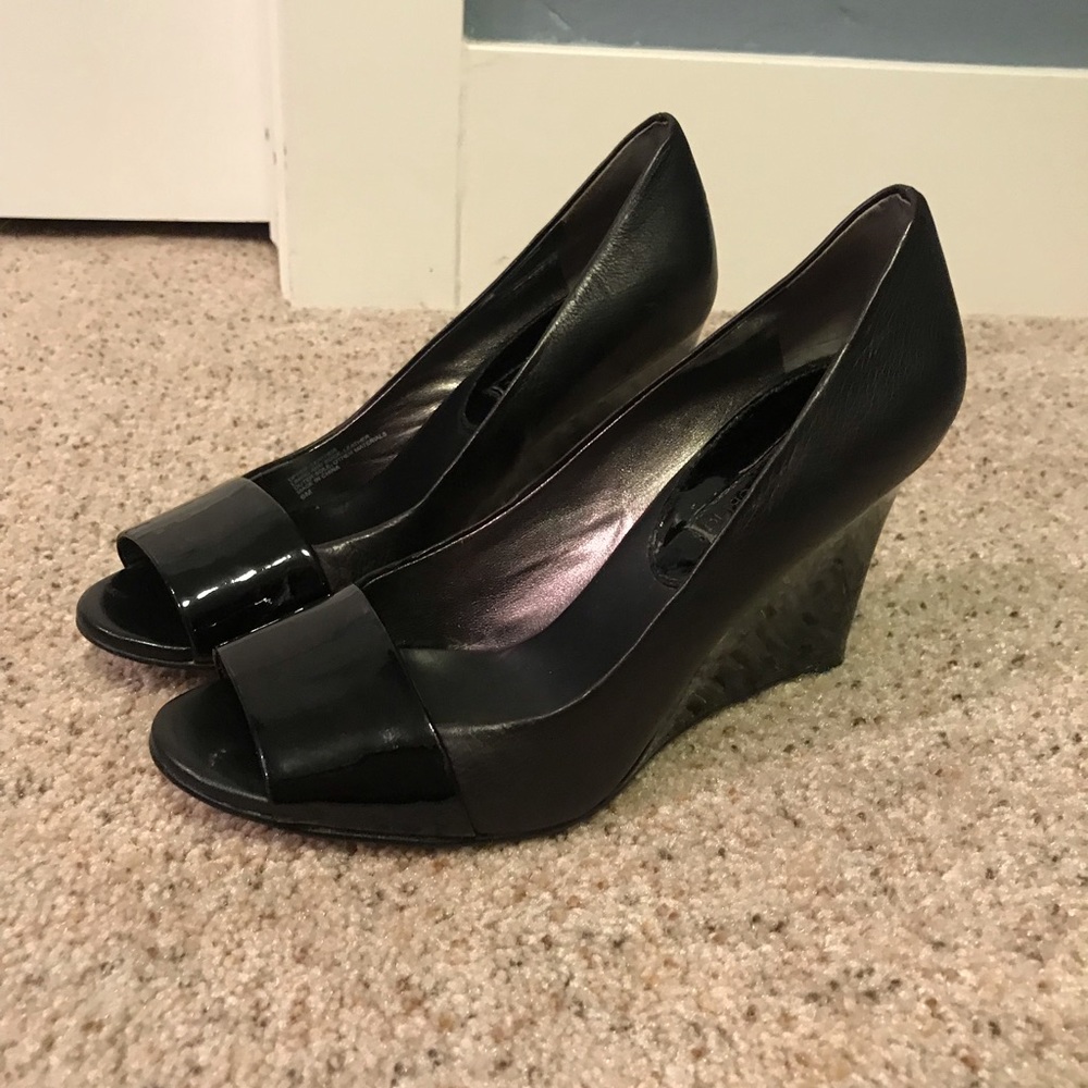 Nine West black leather and patent wedges, size 6.